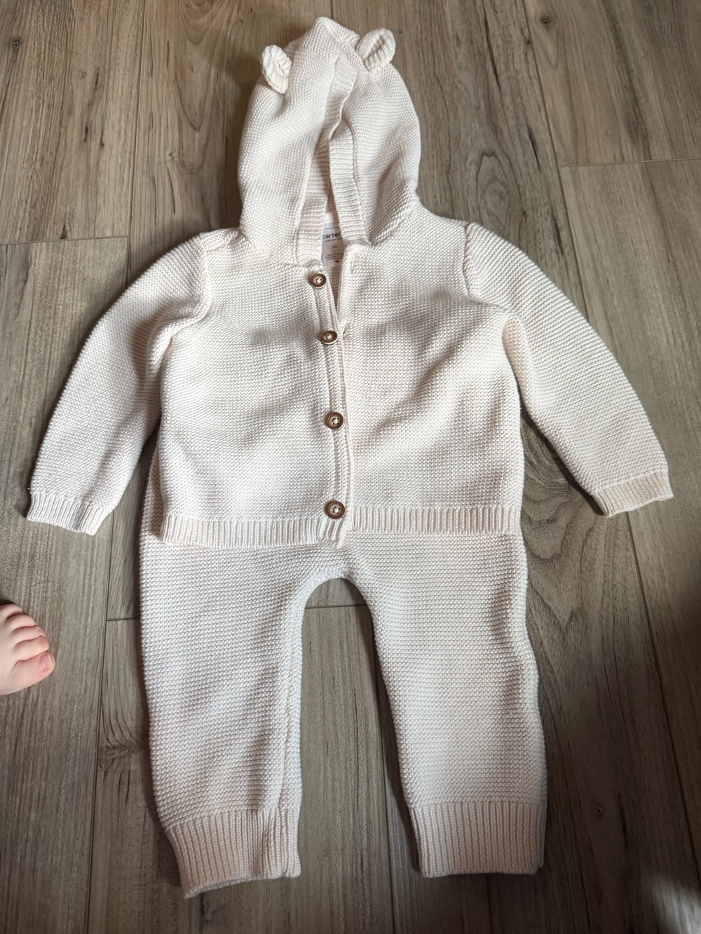 Carter’s Cream Knit Baby Hooded Button Romper with Ear Detail Size 12 months - Picture 3 of 7